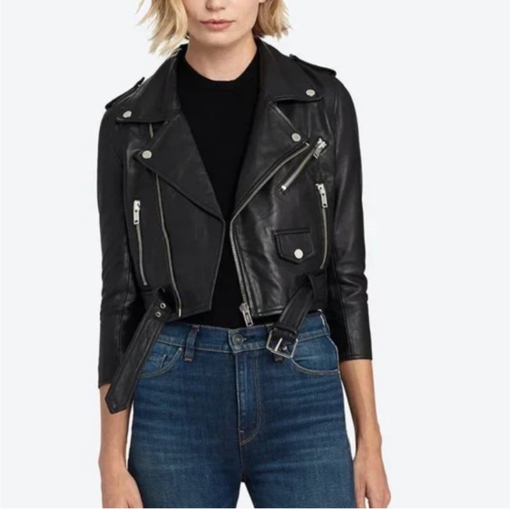Reformation Deadwood Leather Cropped Motorcycle Jacket - size 40